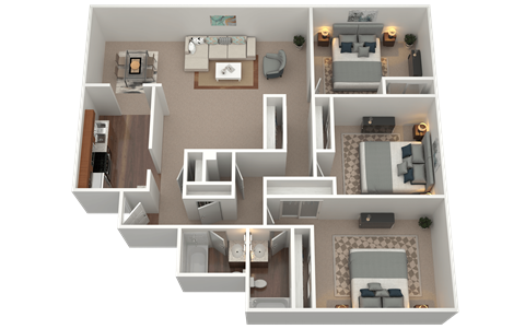 Floor plan for 3 beds, 2 baths, 1300 sqft